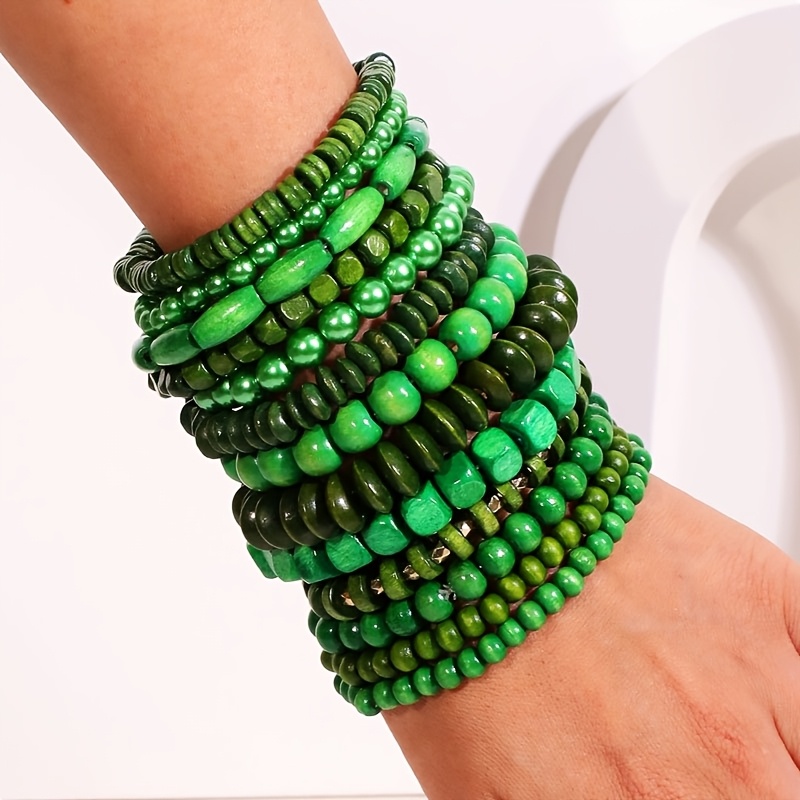 13pcs Green Wood Bead Bracelet Set for Natural Style